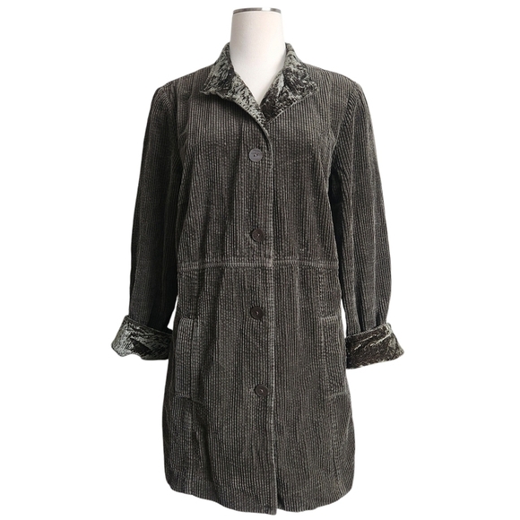 EUC J.JILL OLIVE GREEN PREPPY CORDUROY PEPLUM BACK MANDARIN COLLAR CHORE COAT LT - Picture 2 of 13